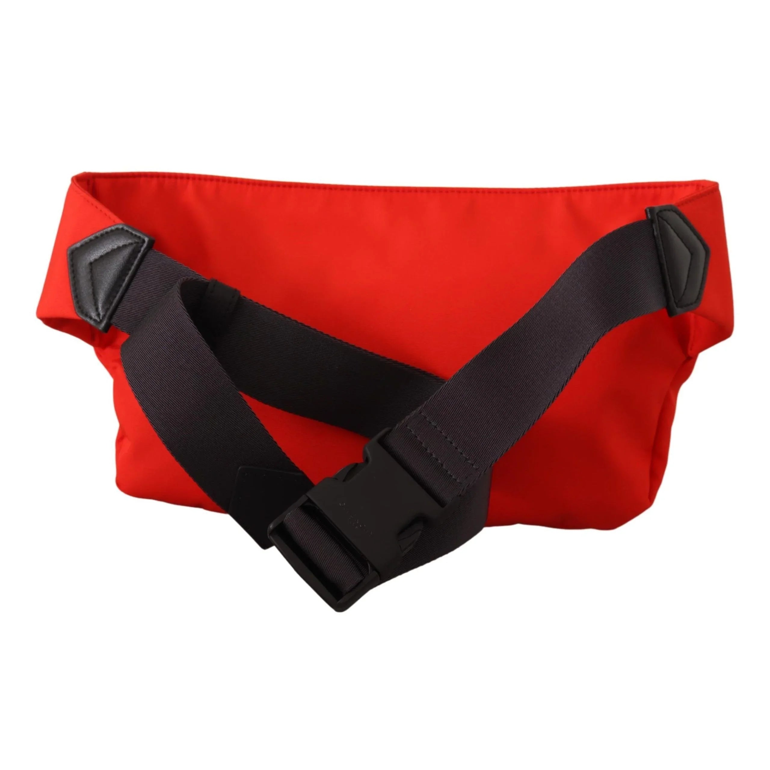 Red nylon belt bag with wide black adjustable strap and buckle, modern unisex accessory