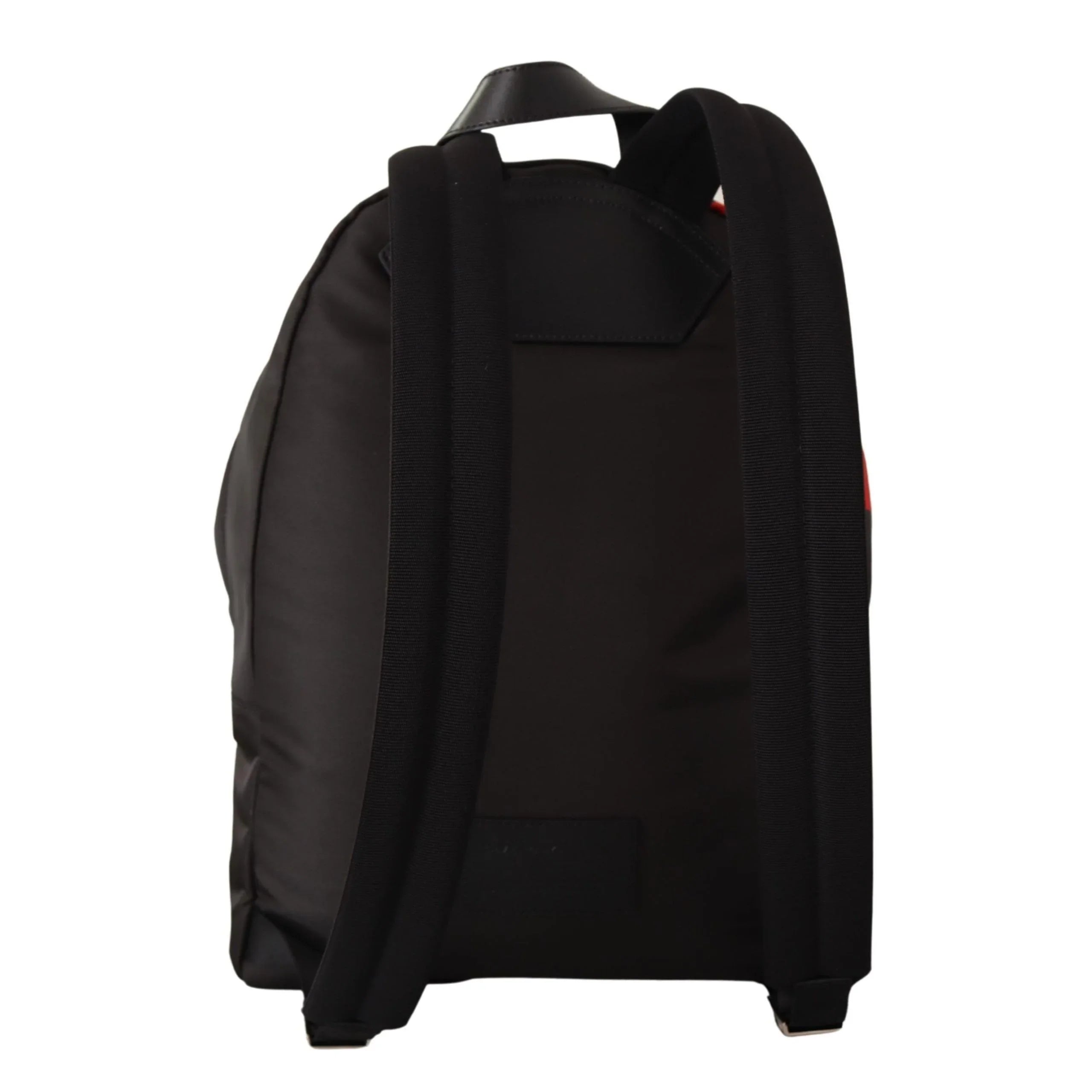 Back view of black designer backpack with padded shoulder straps on white background