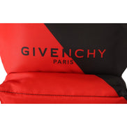 Red and black Givenchy Paris logo on luxury puffer jacket close-up