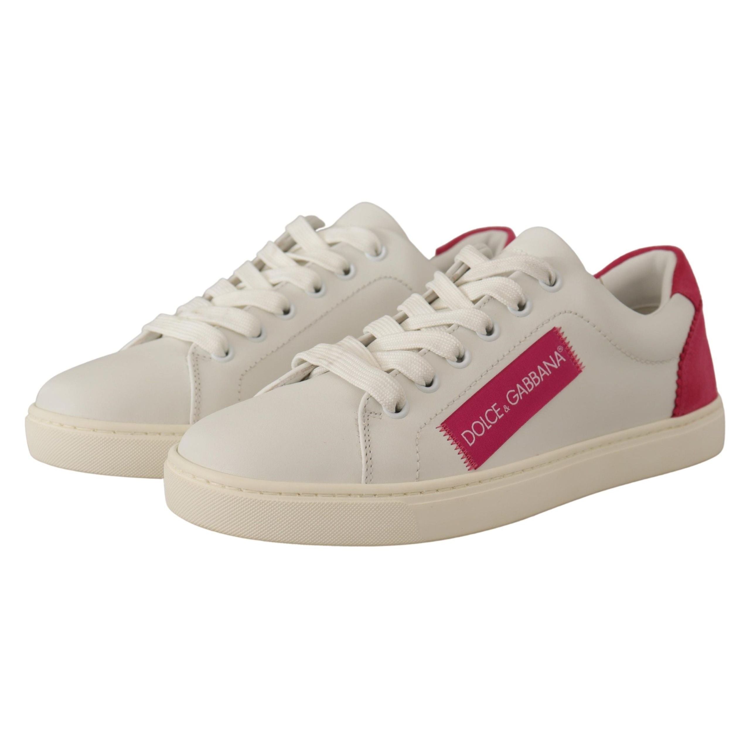 Dolce & Gabbana White Pink Leather Low-Top Sneakers
