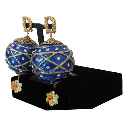 Dolce & Gabbana Gold Brass Blue Dangle Ball Crystal Clip On Earrings