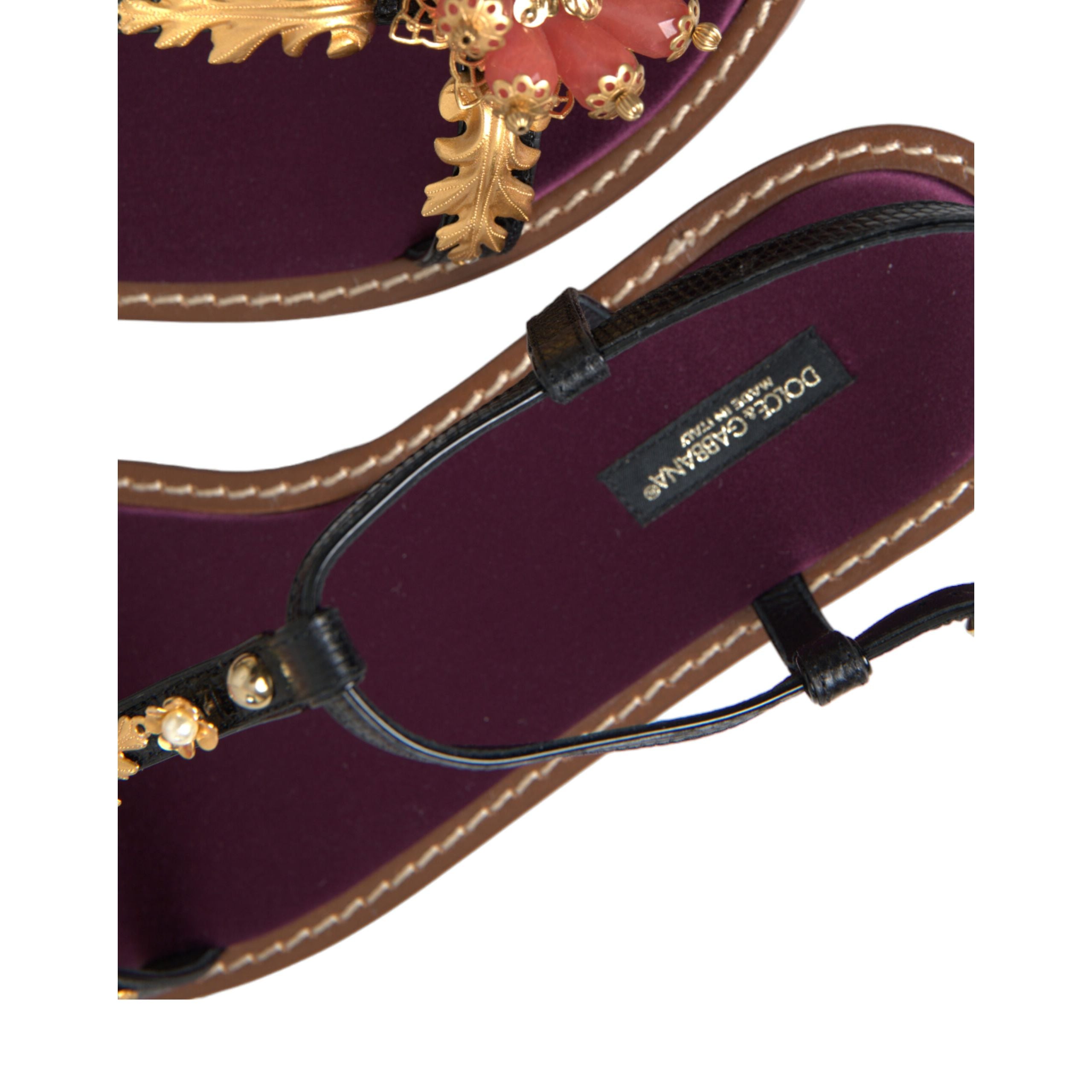 Sandale din piele Dolce & Gabbana negre cu auriu și cristale