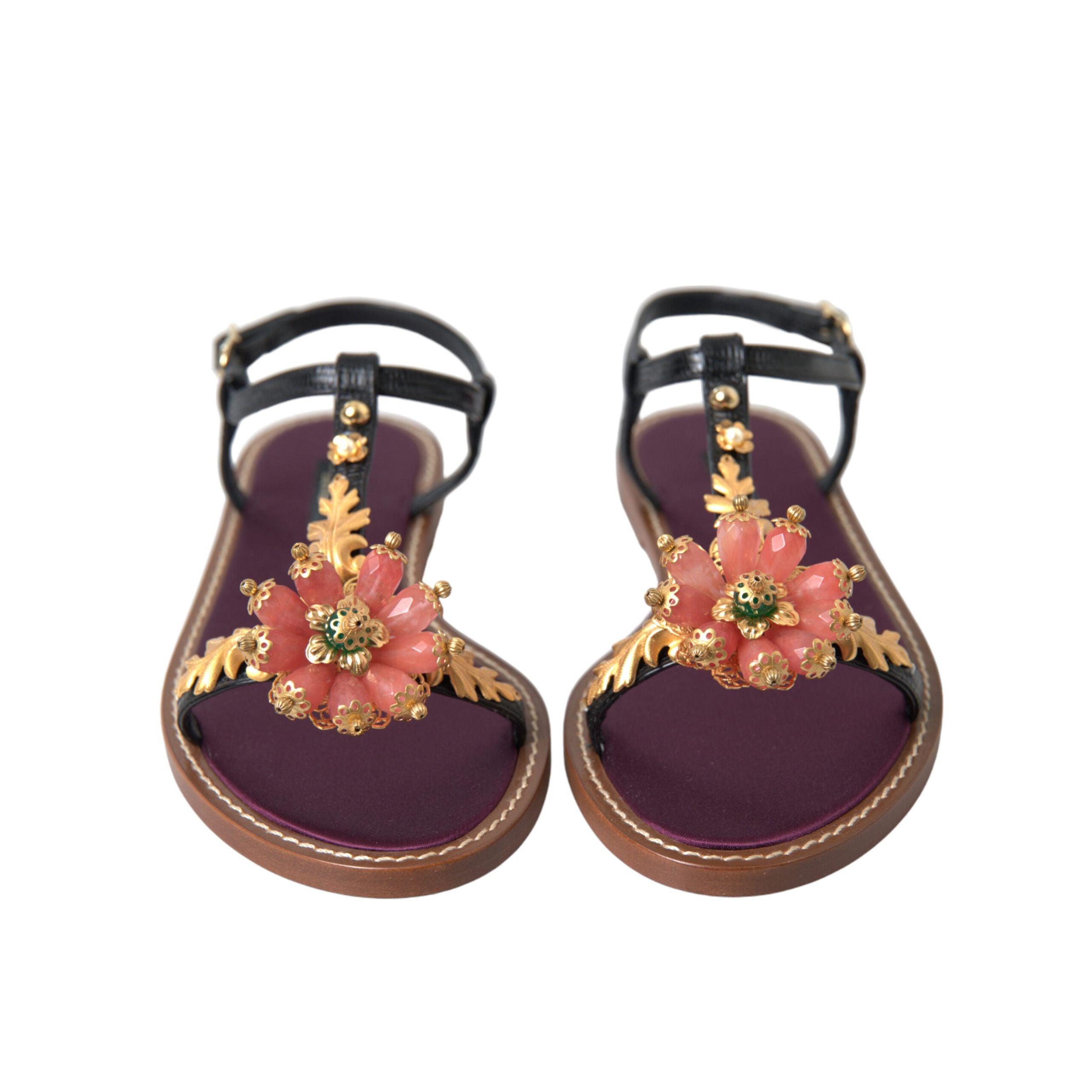 Sandale din piele Dolce & Gabbana negre cu auriu și cristale