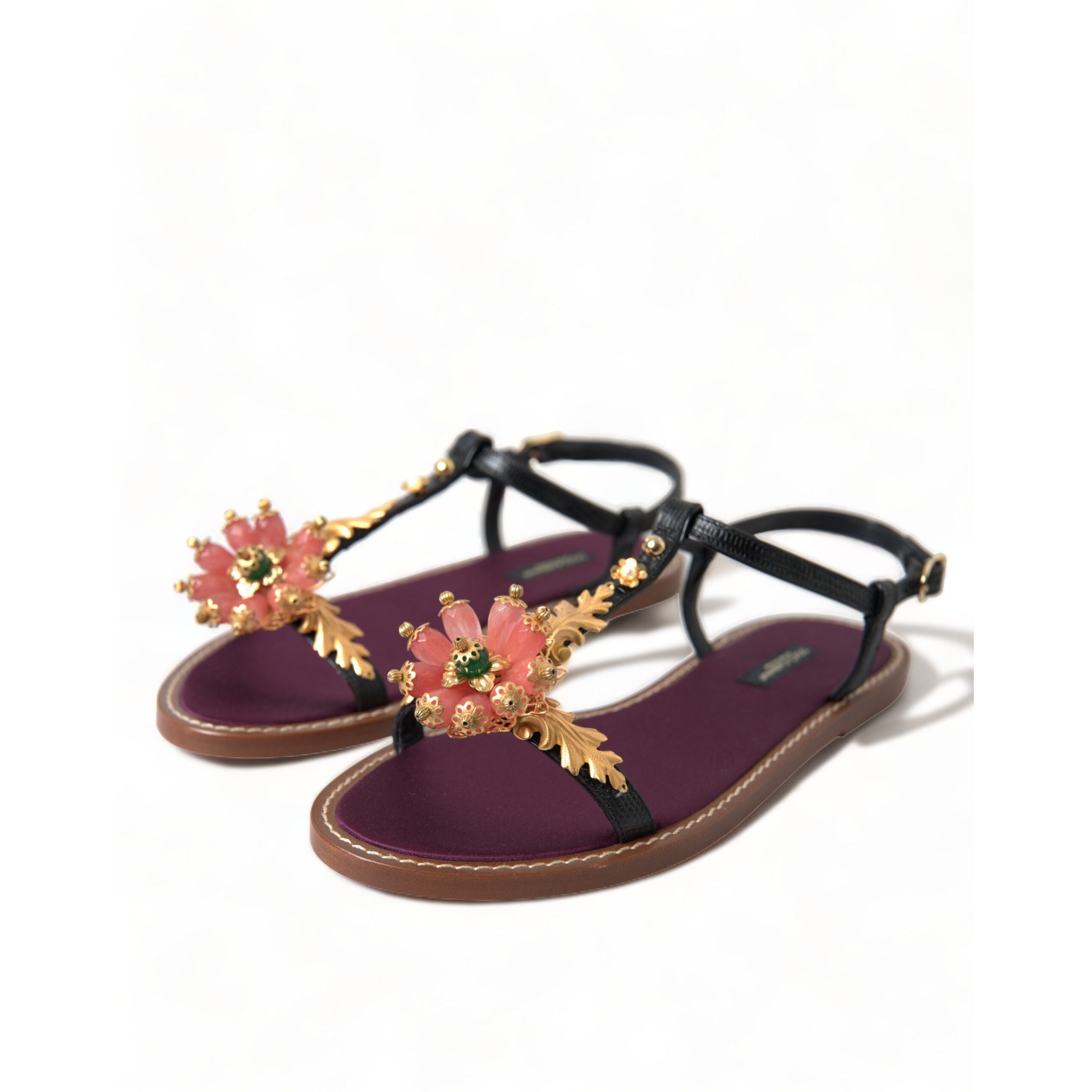 Sandale din piele Dolce & Gabbana negre cu auriu și cristale