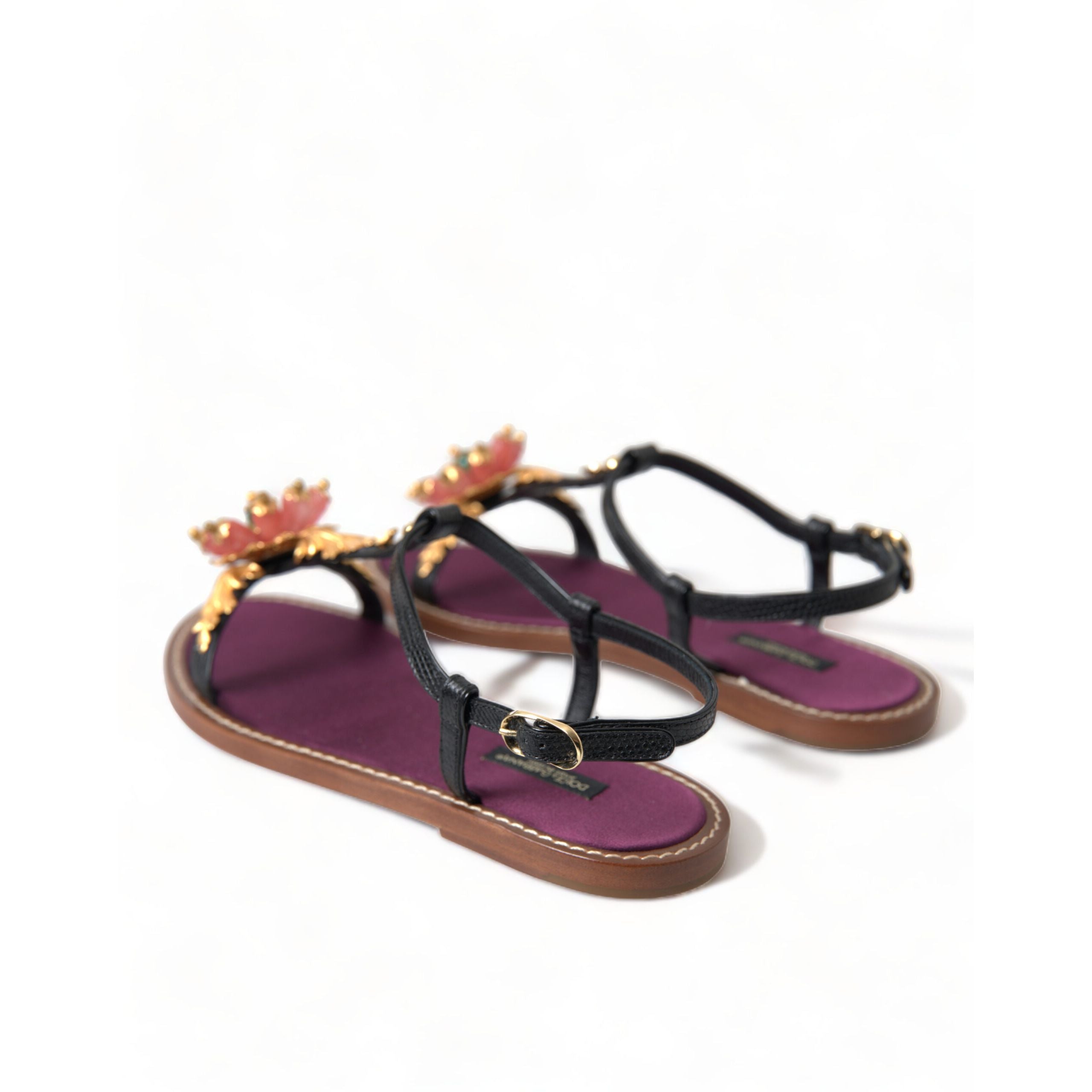 Sandale din piele Dolce & Gabbana negre cu auriu și cristale
