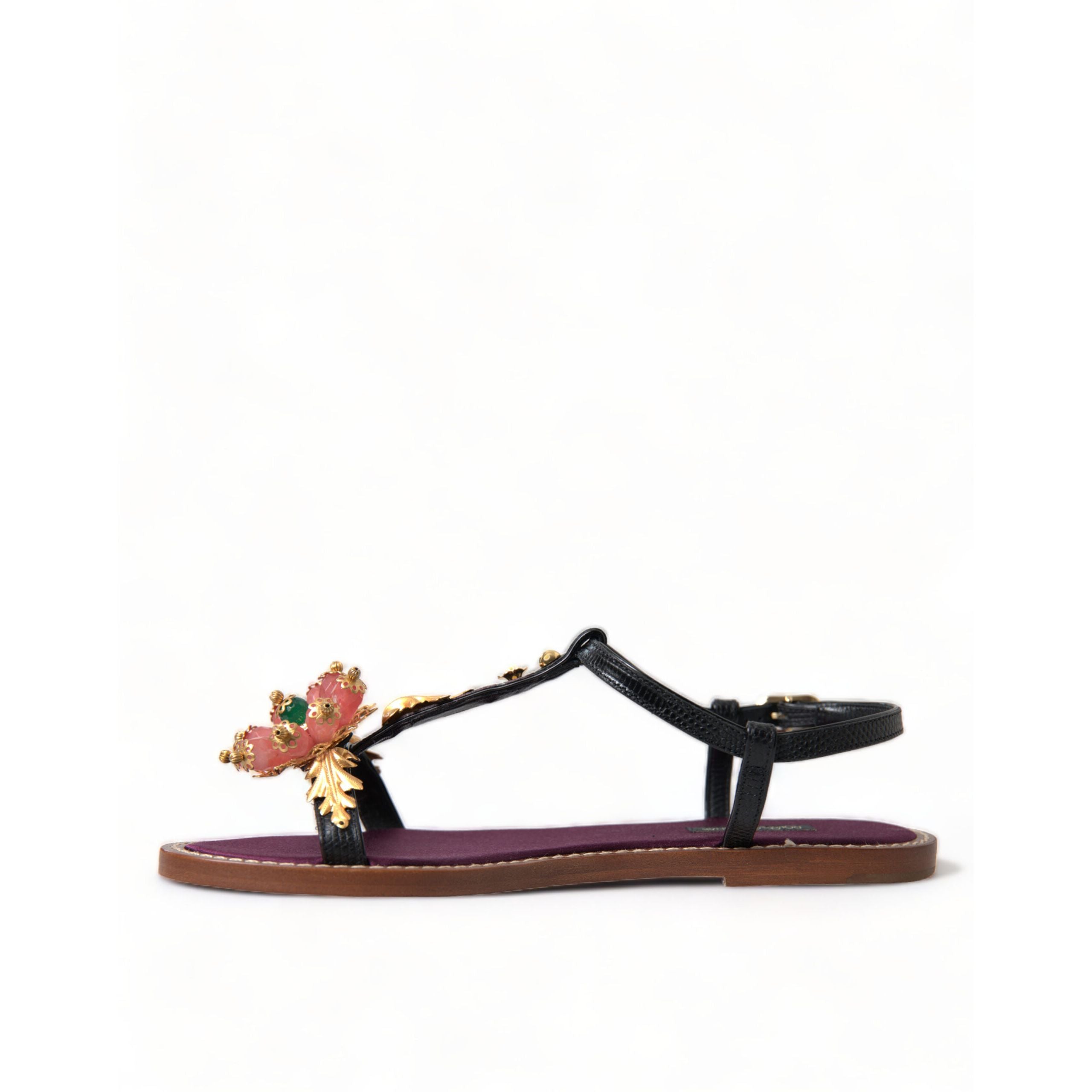 Sandale din piele Dolce & Gabbana negre cu auriu și cristale