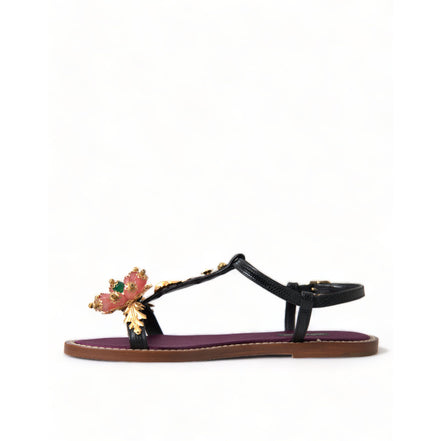 Sandale din piele Dolce & Gabbana negre cu auriu și cristale