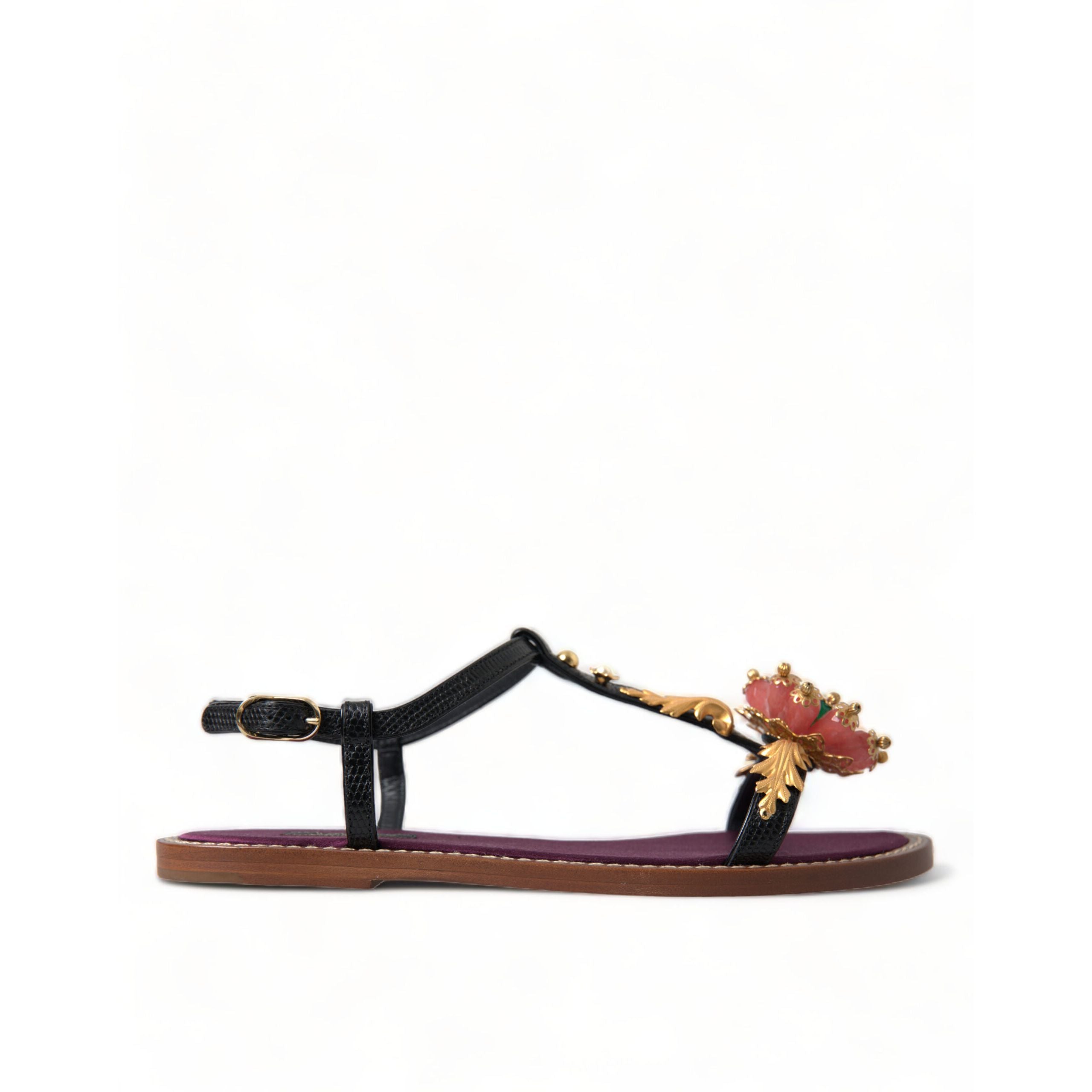 Sandale din piele Dolce & Gabbana negre cu auriu și cristale