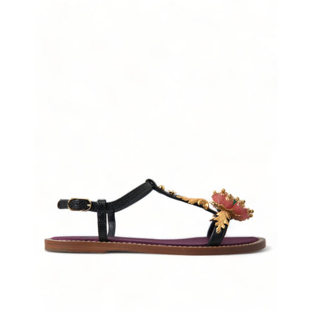 Sandale din piele Dolce & Gabbana negre cu auriu și cristale