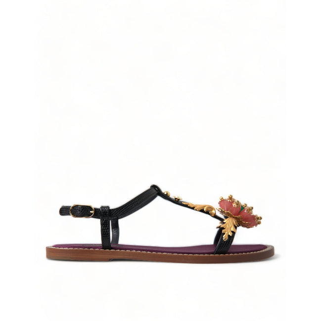 Sandale din piele Dolce & Gabbana negre cu auriu și cristale