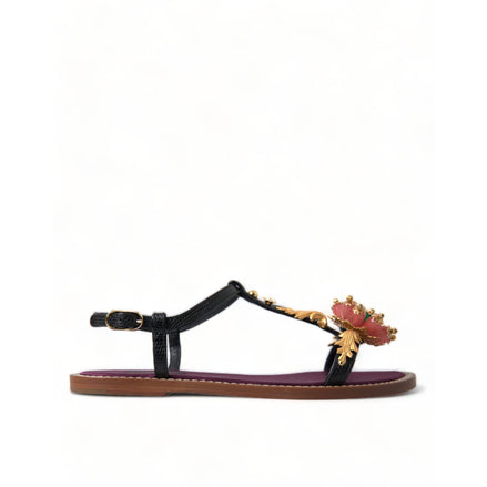 Dolce & Gabbana Black Gold Crystal-Embellished Leather Sandals