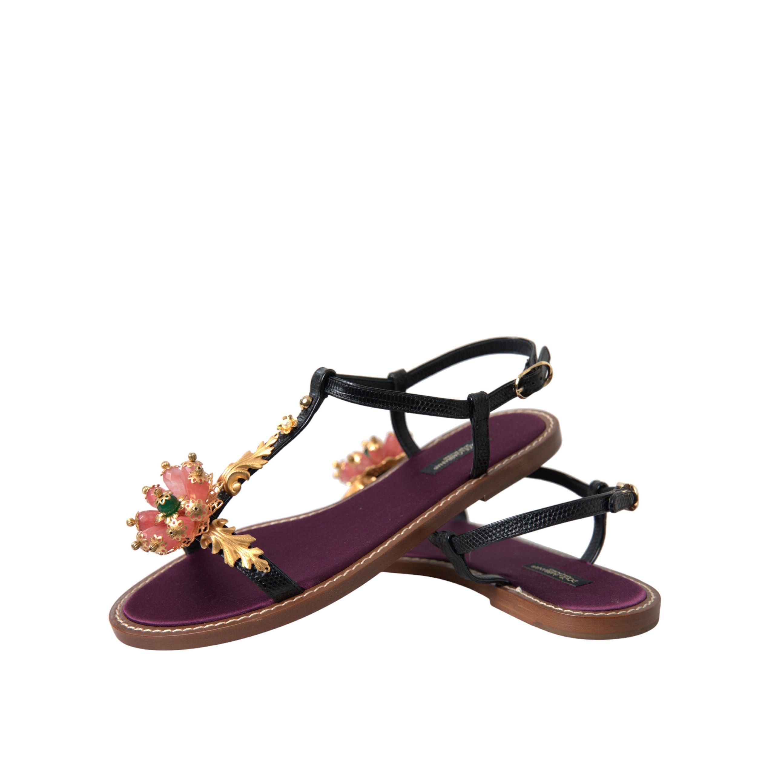 Sandale din piele Dolce & Gabbana negre cu auriu și cristale