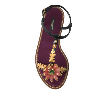 Sandale din piele Dolce & Gabbana negre cu auriu și cristale
