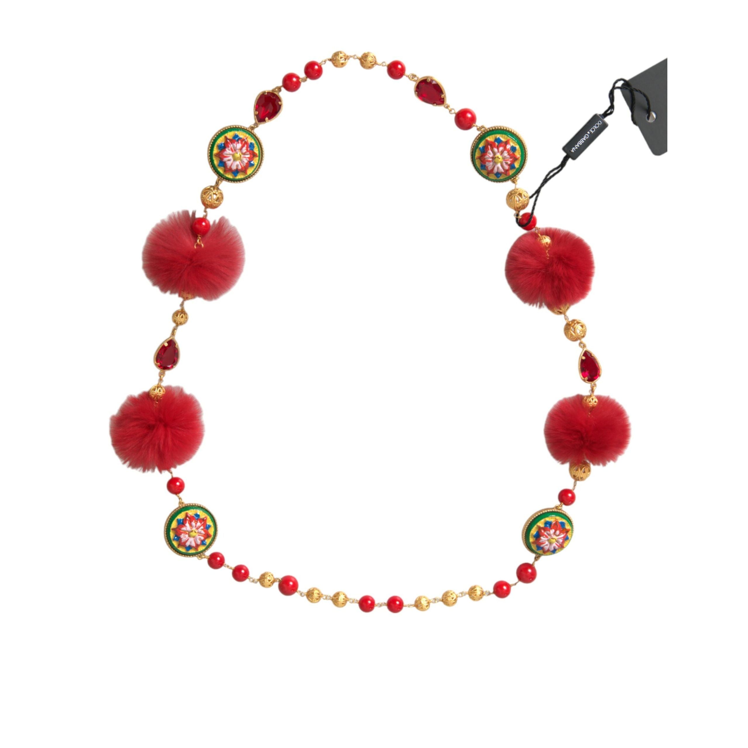 Colier Dolce & Gabbana Carretto din alamă aurie cu blană roșie și cristale