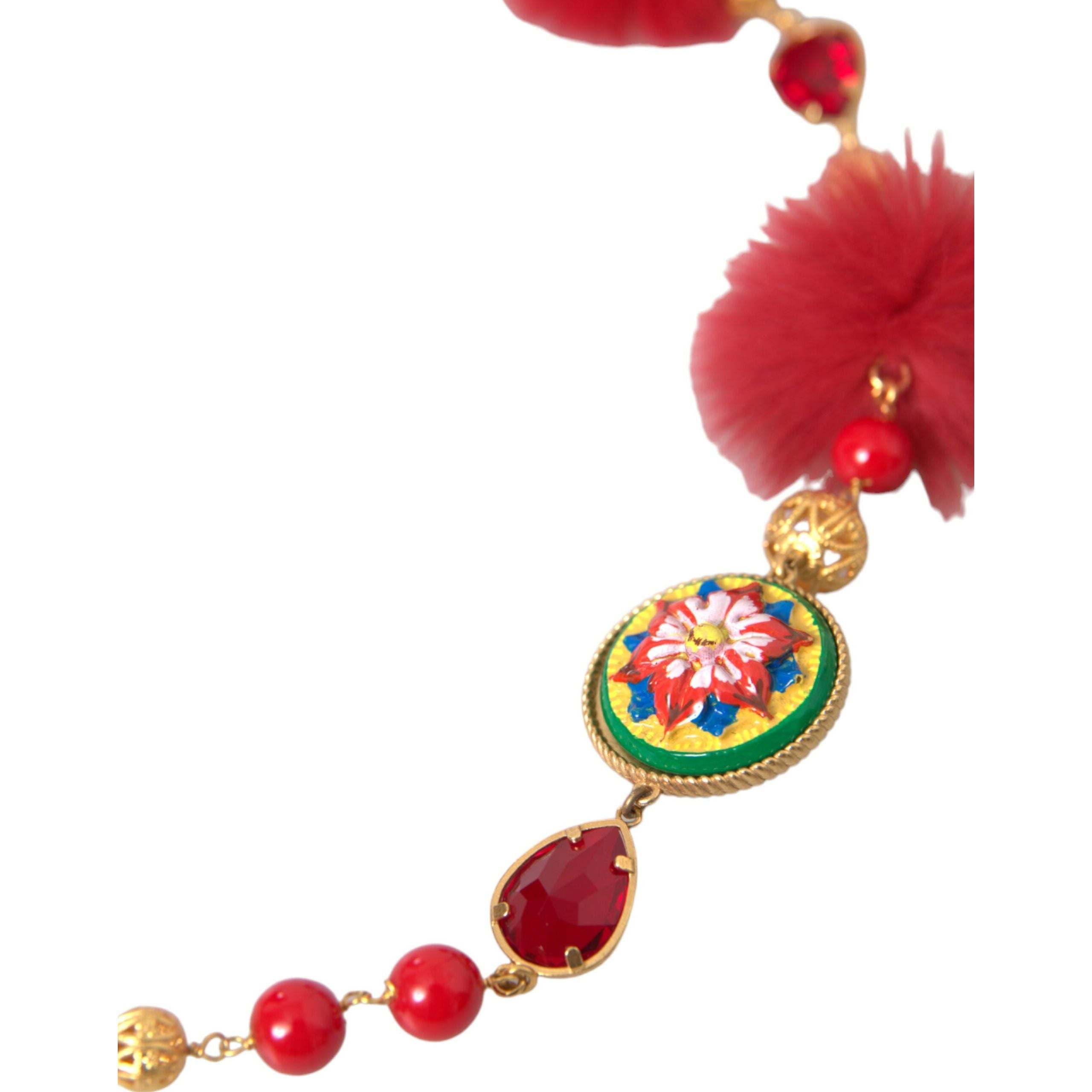 Colier Dolce & Gabbana Carretto din alamă aurie cu blană roșie și cristale