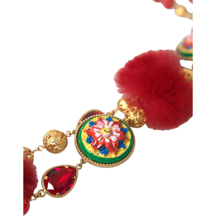 Colier Dolce & Gabbana Carretto din alamă aurie cu blană roșie și cristale