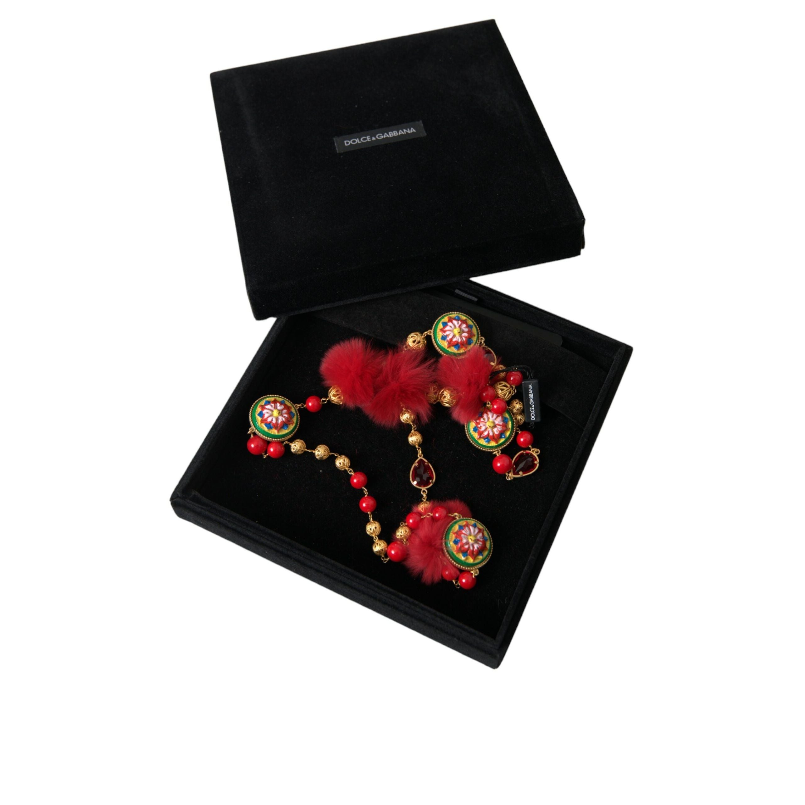 Colier Dolce & Gabbana Carretto din alamă aurie cu blană roșie și cristale