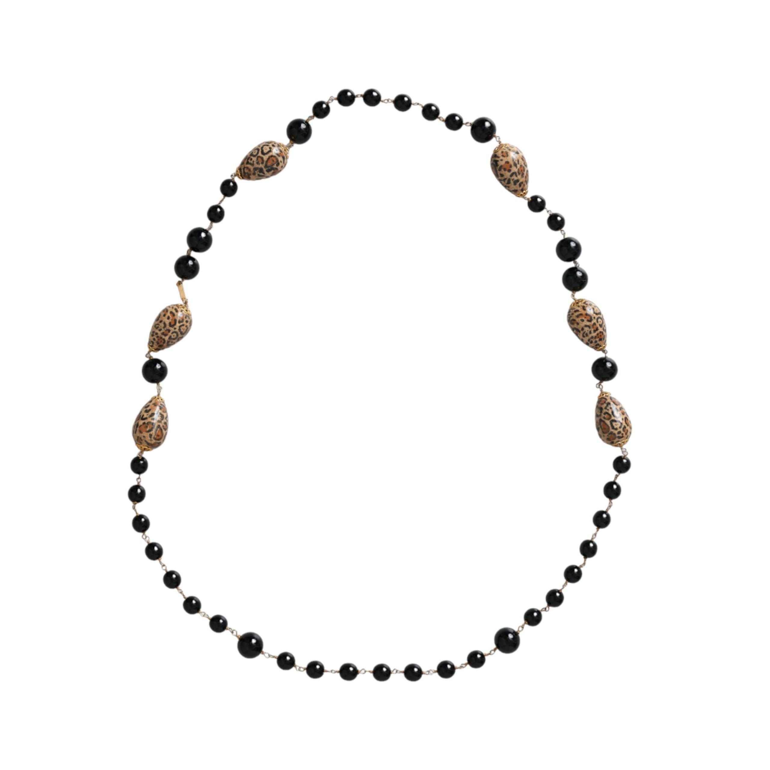 Dolce & Gabbana Gold Tone Brass Black Printed Beaded Long Chain Necklace