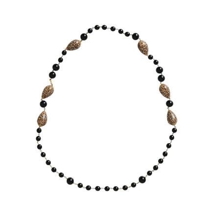 Dolce & Gabbana Gold Tone Brass Black Printed Beaded Long Chain Necklace