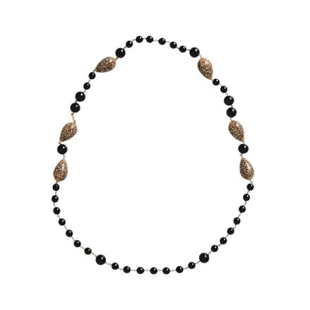 Dolce & Gabbana Gold Tone Brass Black Printed Beaded Long Chain Necklace