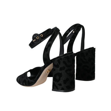 Sandale Dolce & Gabbana cu toc Stiletto, din piele întoarsă neagră, cu leopard