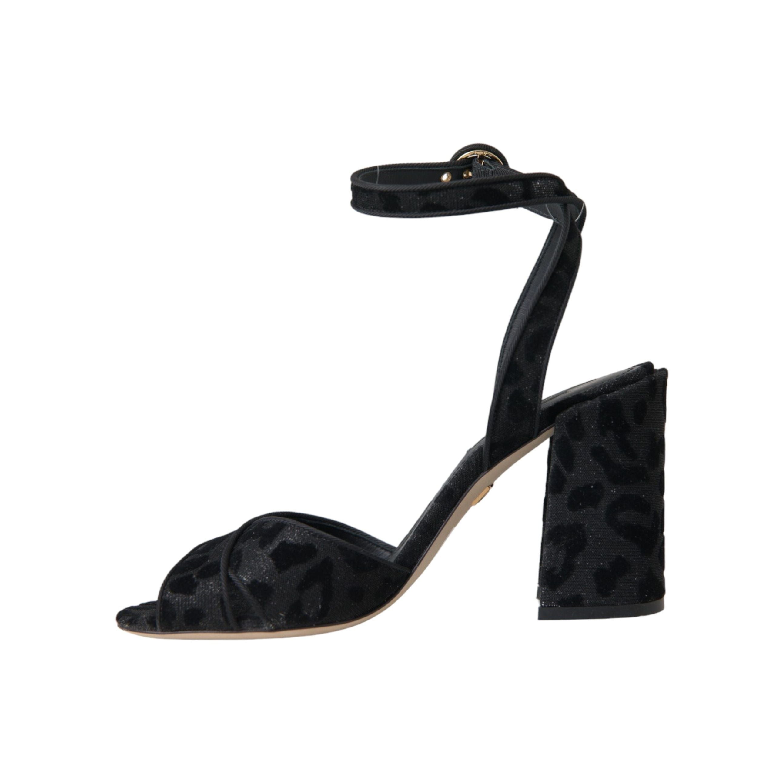 Sandale Dolce & Gabbana cu toc Stiletto, din piele întoarsă neagră, cu leopard