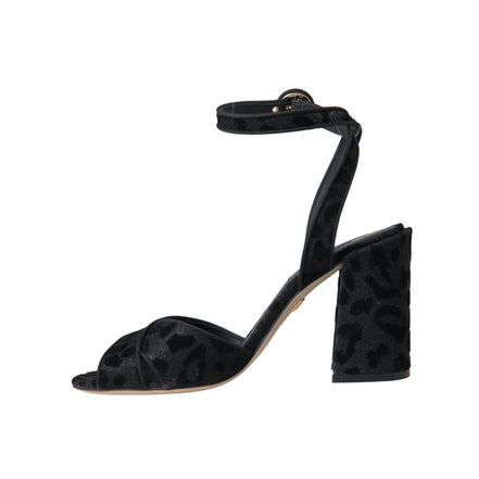 Sandale Dolce & Gabbana cu toc Stiletto, din piele întoarsă neagră, cu leopard