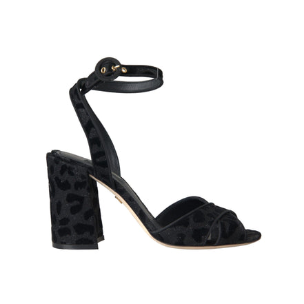 Sandale Dolce & Gabbana cu toc Stiletto, din piele întoarsă neagră, cu leopard