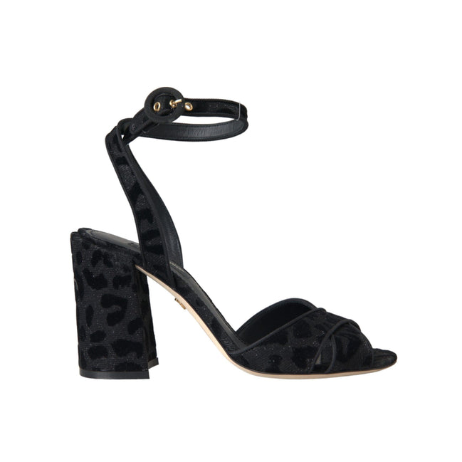 Sandale Dolce & Gabbana cu toc Stiletto, din piele întoarsă neagră, cu leopard