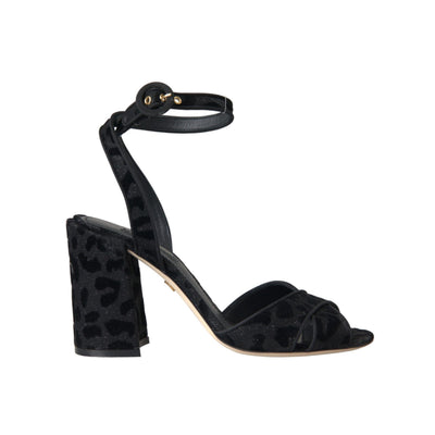Sandale Dolce & Gabbana cu toc Stiletto, din piele întoarsă neagră, cu leopard