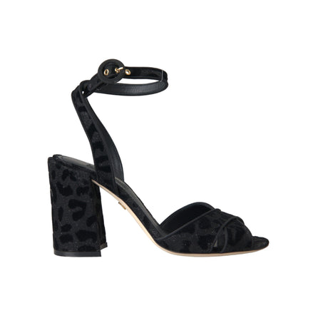 Sandale Dolce & Gabbana cu toc Stiletto, din piele întoarsă neagră, cu leopard