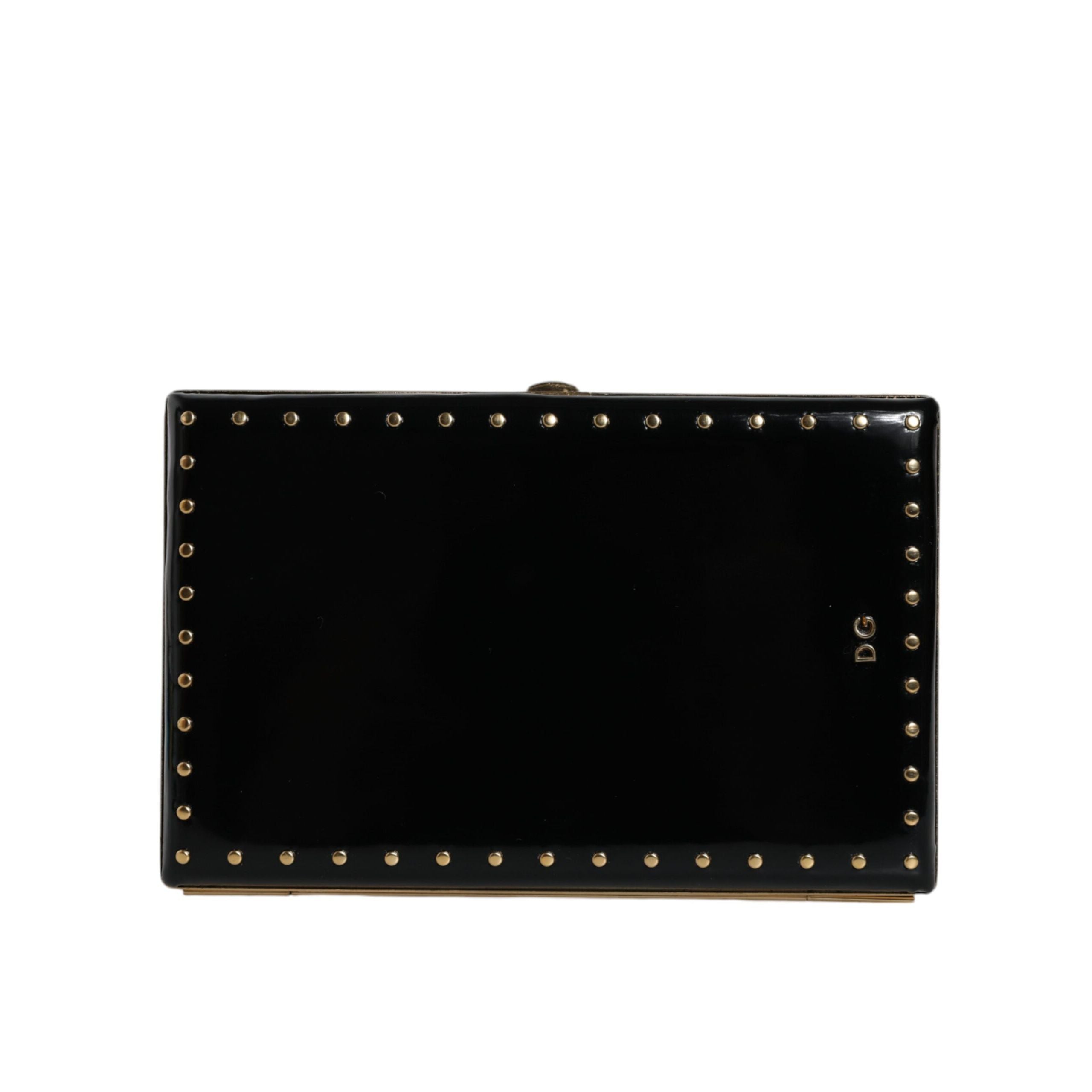 Dolce & Gabbana Black Leather Studded Gold Frame Evening Clutch