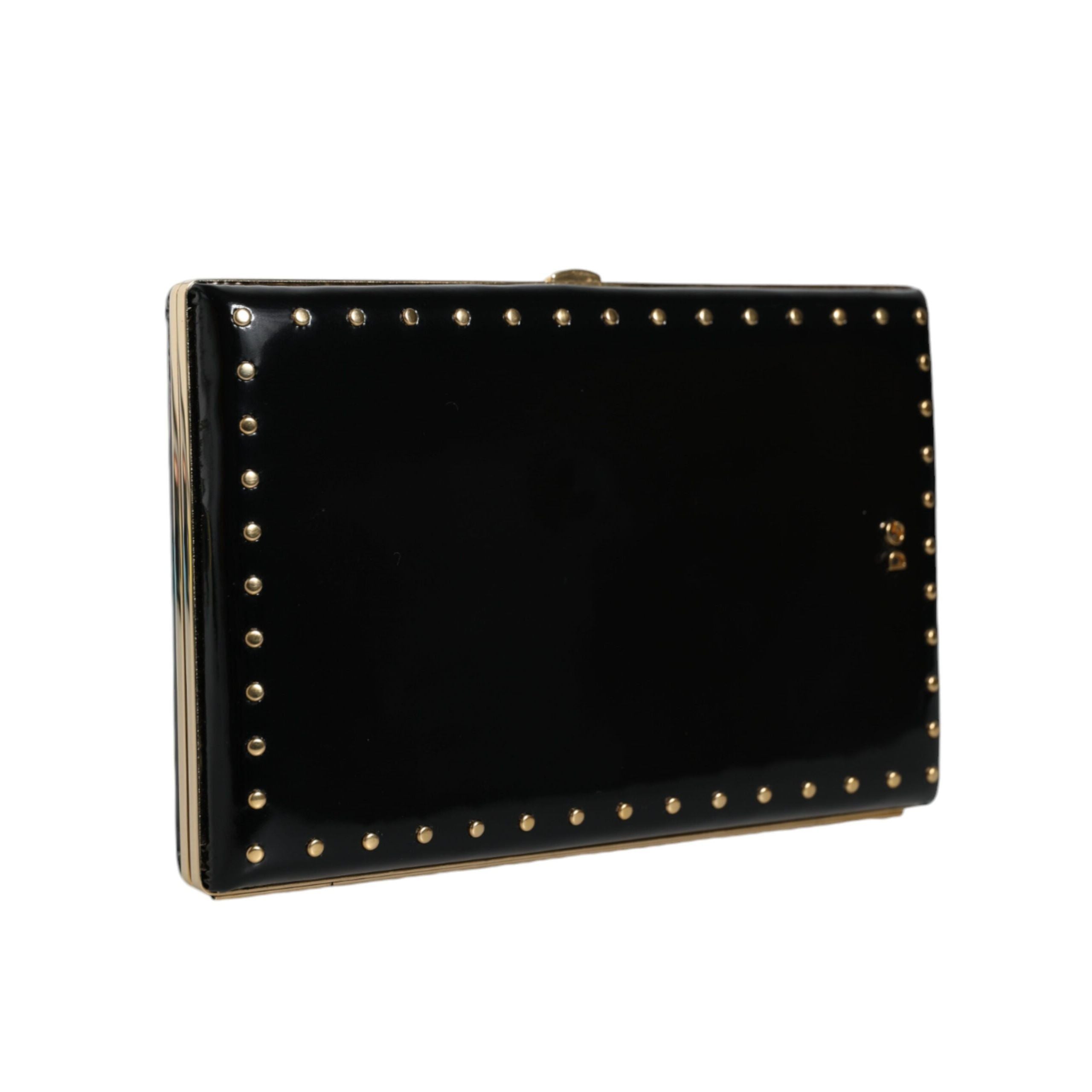 Dolce & Gabbana Black Leather Studded Gold Frame Evening Clutch