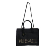 Geantă tote Versace neagră tip crossbody, cu mâner superior, din pânză și piele, cu logo