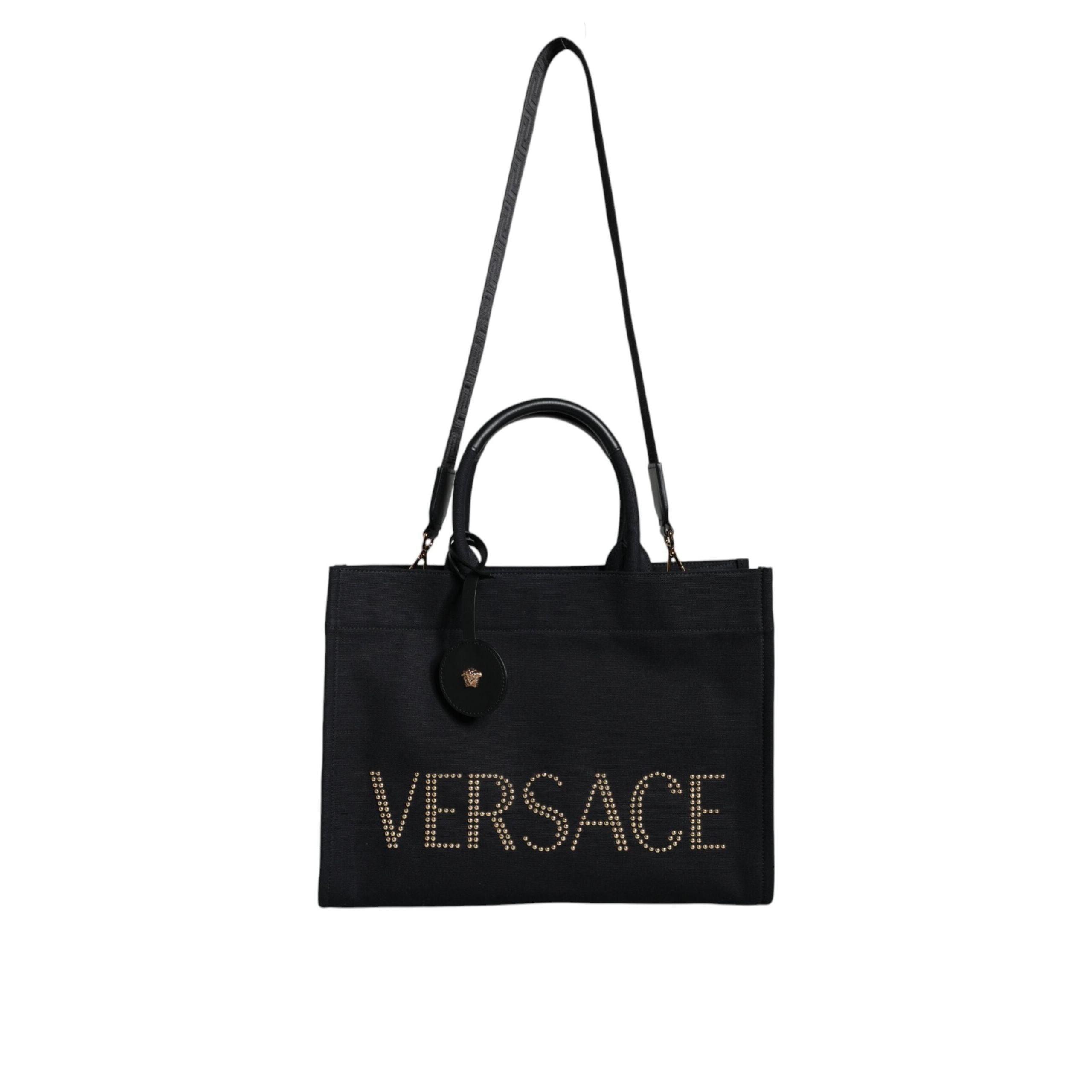 Geantă tote Versace neagră tip crossbody, cu mâner superior, din pânză și piele, cu logo