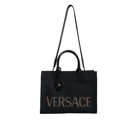 Geantă tote Versace neagră tip crossbody, cu mâner superior, din pânză și piele, cu logo