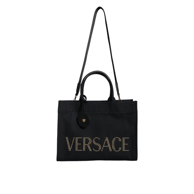 Geantă tote Versace neagră tip crossbody, cu mâner superior, din pânză și piele, cu logo