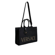 Geantă tote Versace neagră tip crossbody, cu mâner superior, din pânză și piele, cu logo
