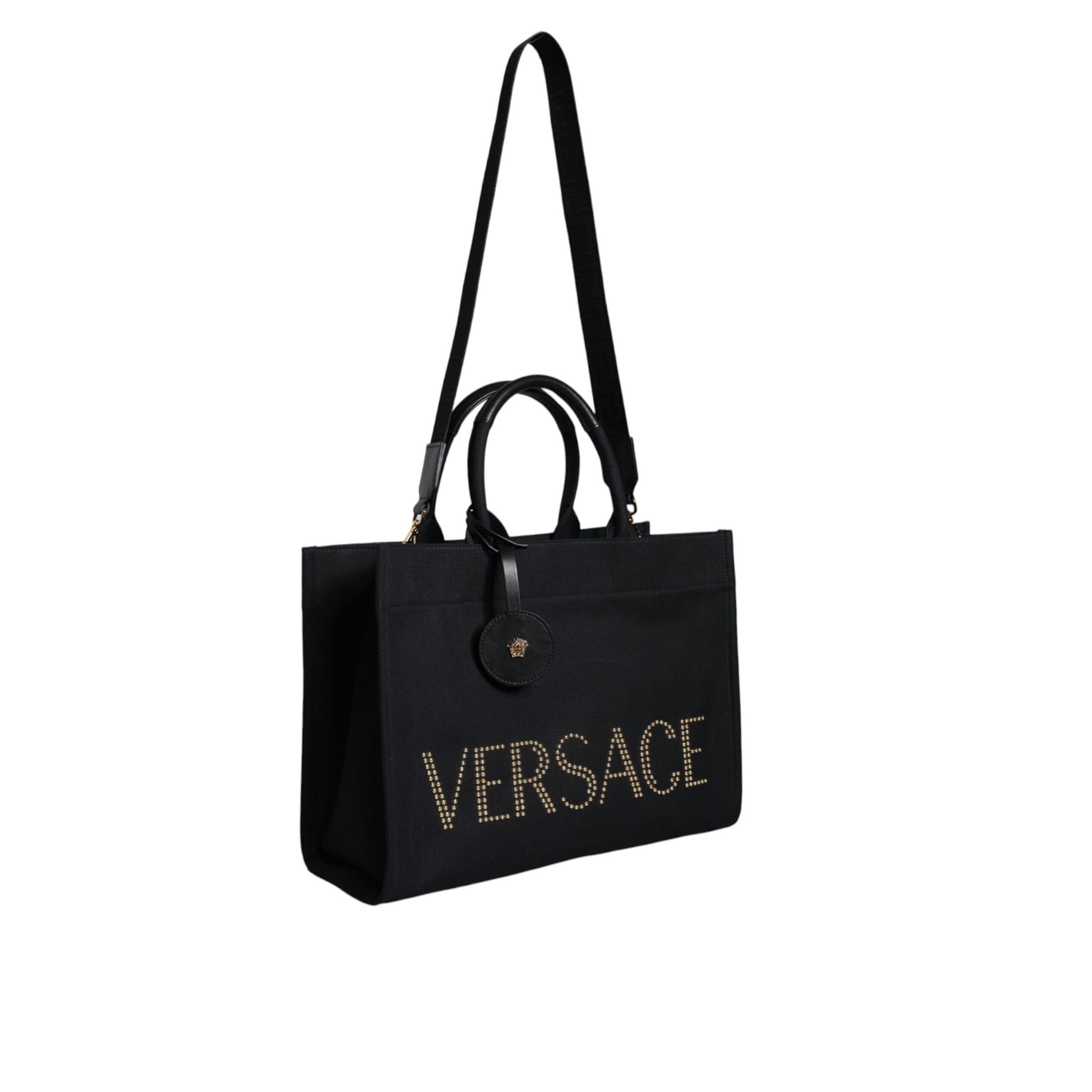 Geantă tote Versace neagră tip crossbody, cu mâner superior, din pânză și piele, cu logo
