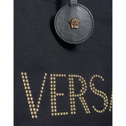 Geantă tote Versace neagră tip crossbody, cu mâner superior, din pânză și piele, cu logo