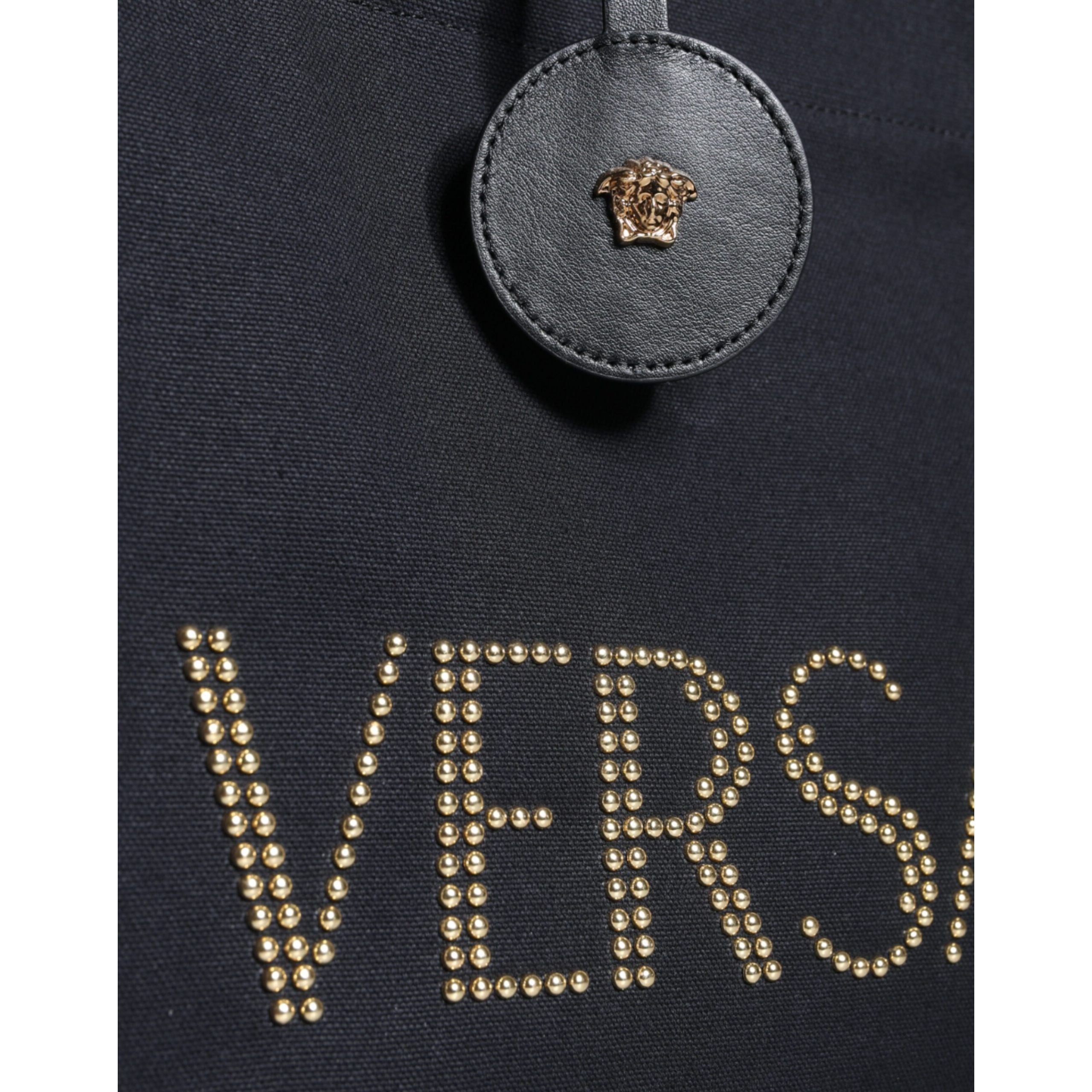 Geantă tote Versace neagră tip crossbody, cu mâner superior, din pânză și piele, cu logo