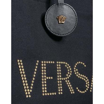 Geantă tote Versace neagră tip crossbody, cu mâner superior, din pânză și piele, cu logo