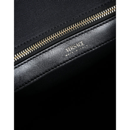 Geantă tote Versace neagră tip crossbody, cu mâner superior, din pânză și piele, cu logo