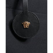 Geantă tote Versace neagră tip crossbody, cu mâner superior, din pânză și piele, cu logo