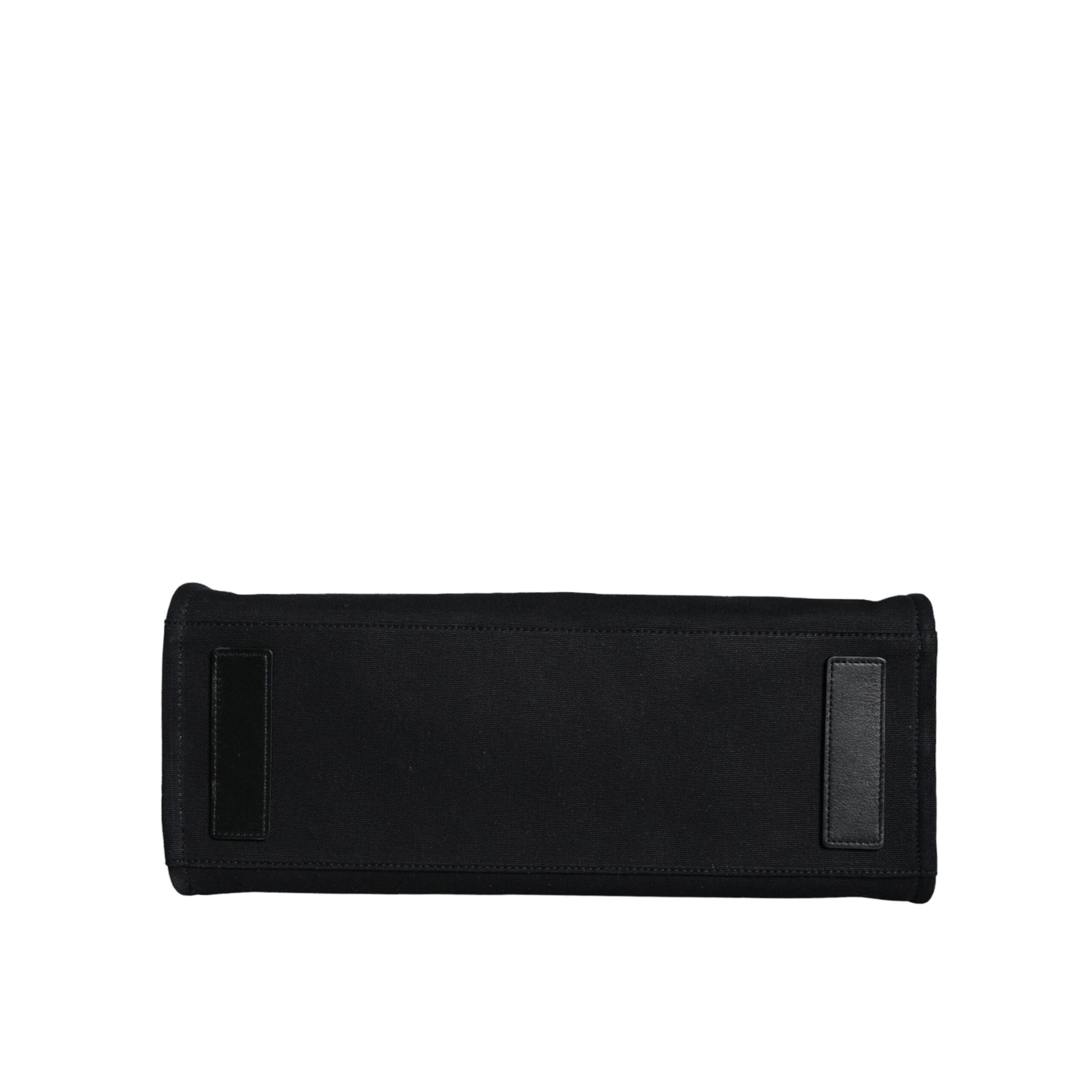 Geantă tote Versace neagră tip crossbody, cu mâner superior, din pânză și piele, cu logo