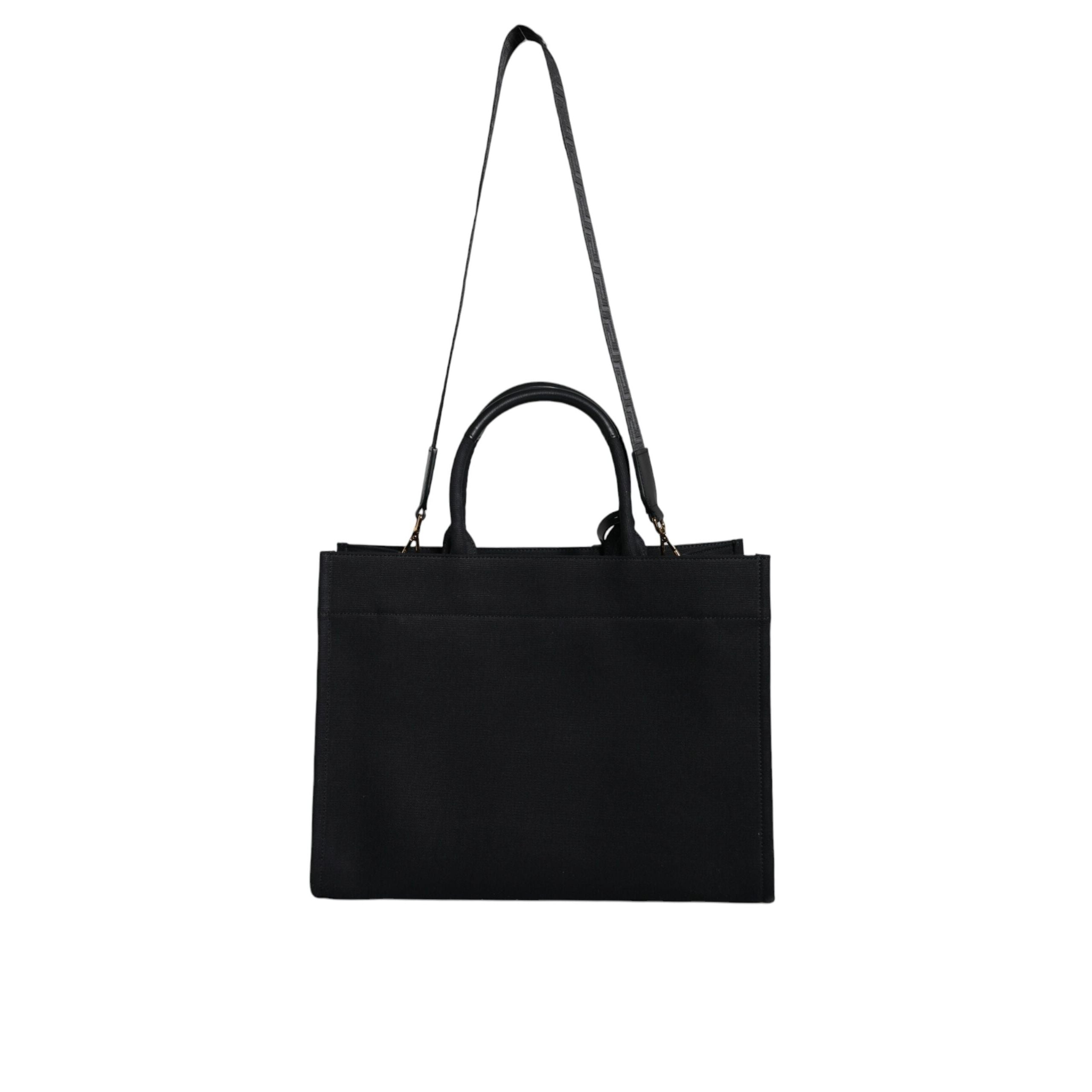 Geantă tote Versace neagră tip crossbody, cu mâner superior, din pânză și piele, cu logo