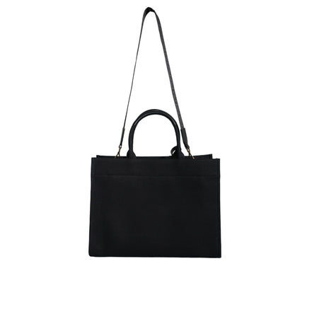 Geantă tote Versace neagră tip crossbody, cu mâner superior, din pânză și piele, cu logo
