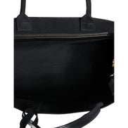Geantă tote Versace neagră tip crossbody, cu mâner superior, din pânză și piele, cu logo