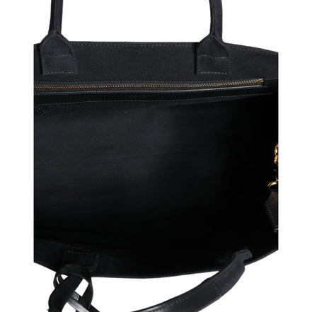 Geantă tote Versace neagră tip crossbody, cu mâner superior, din pânză și piele, cu logo