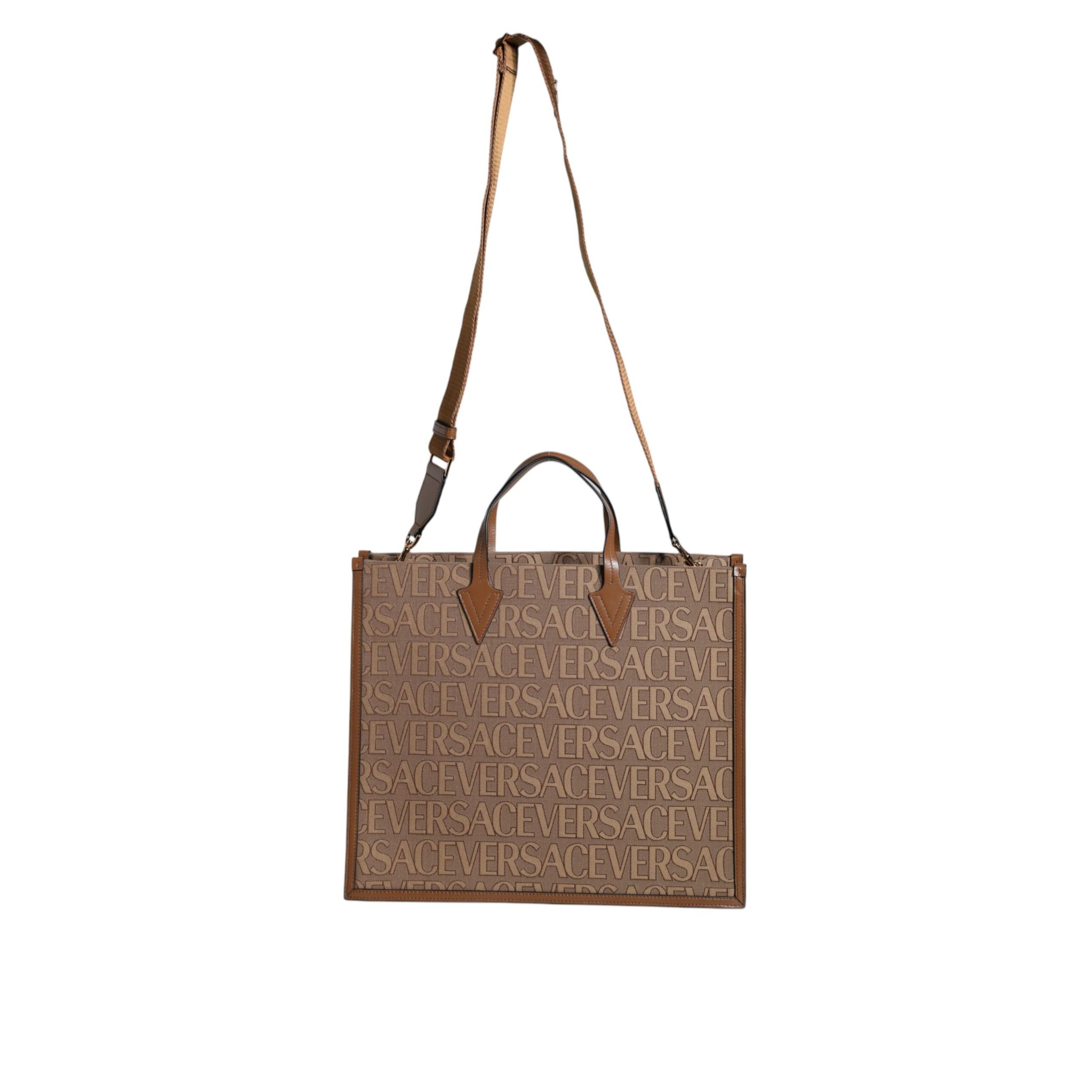 Versace Brown Top Handle Jacquard Leather Logo Crossbody Tote Bag